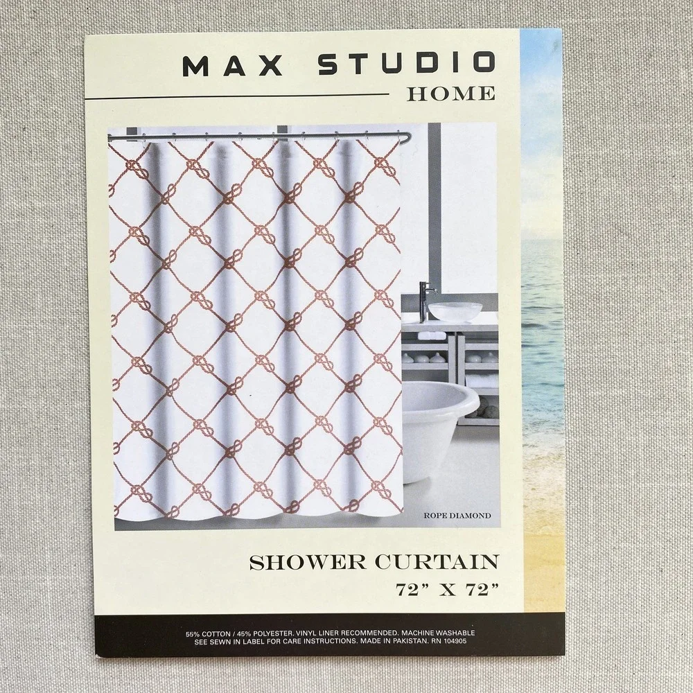 Max Studio Shower Curtain 72x72 Rope‎ Diamond Nautical Coastal White Coral